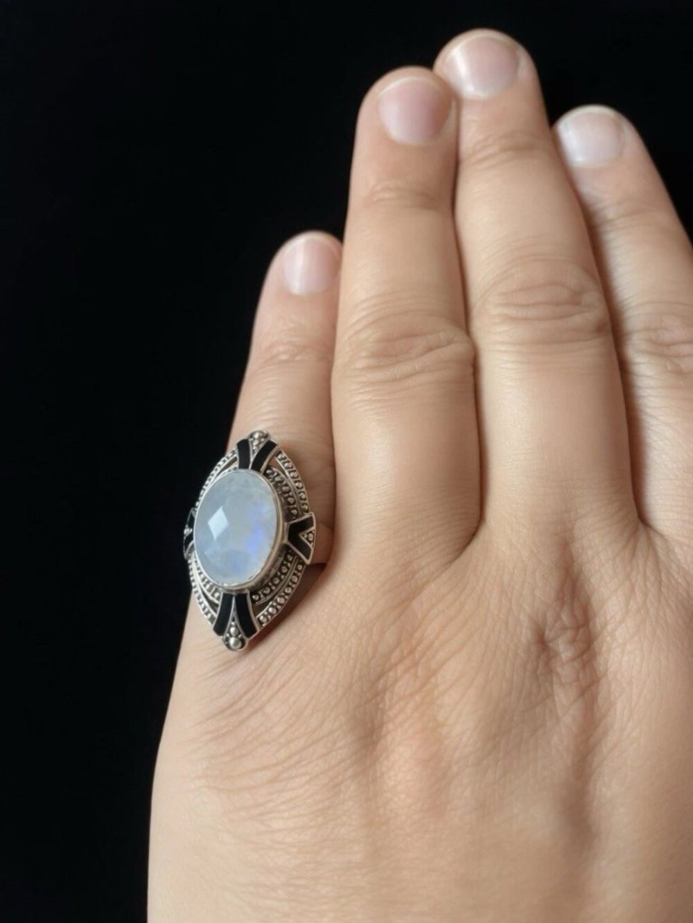 925 Sterling Silver Moonstone Marcasite Ring Size 7 Vintage Style